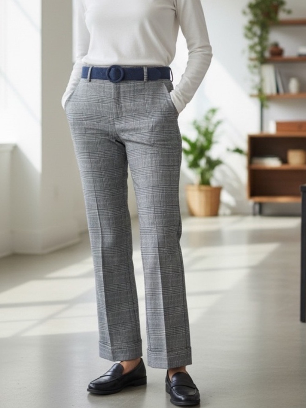Banana Republic Ryan Fit Wool Blend Gray Plaid Wide Leg WorkwearPants Size 8 NW